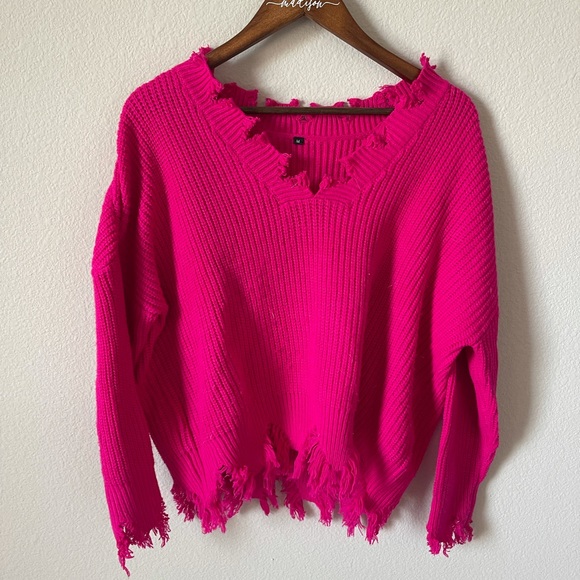 Hot Pink Sweater with Frayed Edges | Color: Pink | Size: M | Courtneyl96's Closet